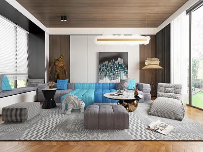 Modern Living Room Interior With Blue Sofa Gray Rug Artwork Floor Lamp And Wooden Ceiling 3d model