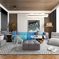 Modern Living Room Interior With Blue Sofa Gray Rug Artwork Floor Lamp And Wooden Ceiling