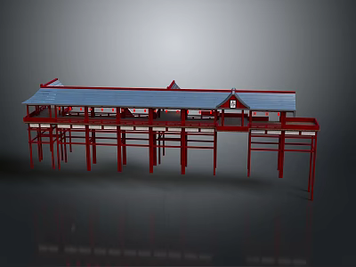 Traditional Architectural Model With Red Frame Blue Roof And Connected Structures Design 3d model