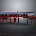Traditional Architectural Model With Red Frame Blue Roof And Connected Structures Design