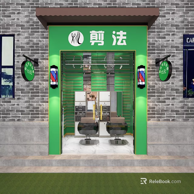 Green Themed Hair Salon Entrance With Barber Poles Chairs And Brick Wall Design 3d model 