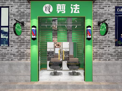 Green Themed Hair Salon Entrance With Barber Poles Chairs And Brick Wall Design 3d model