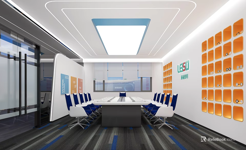 Modern Meeting Room With Long Table Blue White Chairs Glass Partitions And Orange Square Decorations 3d model 