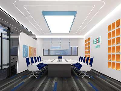 Modern Meeting Room With Long Table Blue White Chairs Glass Partitions And Orange Square Decorations 3d model