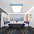 Modern Meeting Room With Long Table Blue White Chairs Glass Partitions And Orange Square Decorations