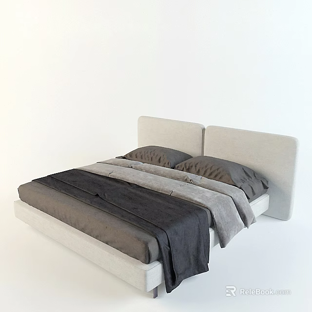 Modern Minimalist Double Bed With White Headboard And Gray Layered Bedding 3d model