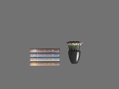Stacked Colorful Magazines And Hardcover Books With Decorative Vase On Gray Background 3d model