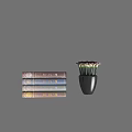Stacked Colorful Magazines And Hardcover Books With Decorative Vase On Gray Background