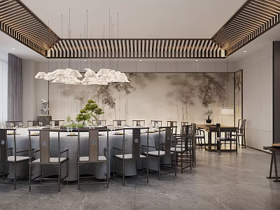 Chinese Style Private Room With Round Table And Chandelier 3d model