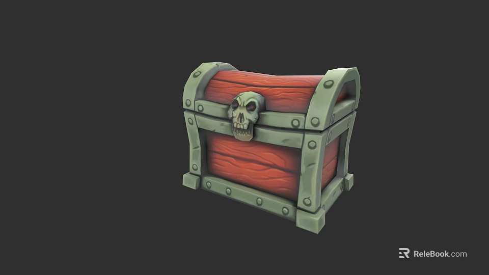Carved Skull Sculpture On Treasure Chest With Red Wooden Panels And Green Metal Borders 3d model 