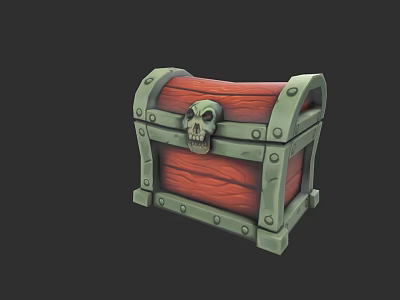 Carved Skull Sculpture On Treasure Chest With Red Wooden Panels And Green Metal Borders 3d model