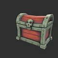 Carved Skull Sculpture On Treasure Chest With Red Wooden Panels And Green Metal Borders