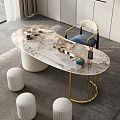 Modern Luxury Marble Tea Table With Gold Metal Legs Blue Cushioned Chair And White Stools