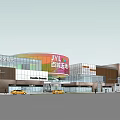 Modern Urban Commercial Street Featuring Glass Facade Buildings Large Billboard Pedestrians And Vehicles