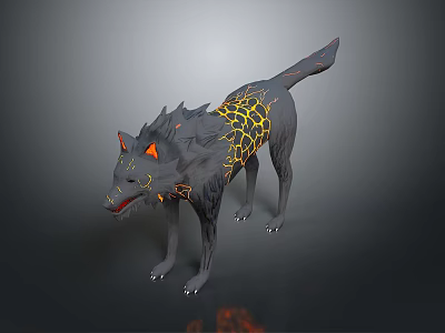 Mystical Wolf Creature With Gray Fur Yellow Cracked Patterns And Orange Ears 3d model