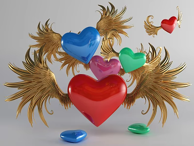 Decorative Ornament Set With Golden Wings And Red Blue Pink Green Hearts 3d model