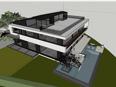 Modern Detached Villa Exterior With Large Glass Windows Flat Roof And Landscaped Lawn 3d model