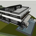 Modern Detached Villa Exterior With Large Glass Windows Flat Roof And Landscaped Lawn