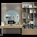Modern Elegant Desk Setup With Round Mirror Bookshelf And Decorative Items 3d model