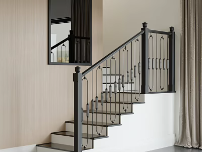 Modern Staircase with Black Iron Railing White Steps Light Colored Wall and Mirror 3d model