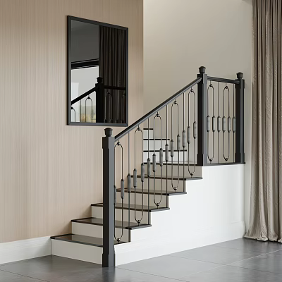 Modern Staircase with Black Iron Railing White Steps Light Colored Wall and Mirror 3d model