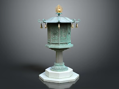 Traditional Bronze Lantern With Plant Carvings Golden Top And Marble Base 3d model