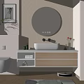 Elegant Modern Bathroom Sink Vanity Design With Round Lighted Mirror Beige Wall And Wooden Cabinets