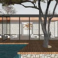 Modern Sales Office Building With Courtyard Water Feature Greenery Stone Wall And Glass Facade Design