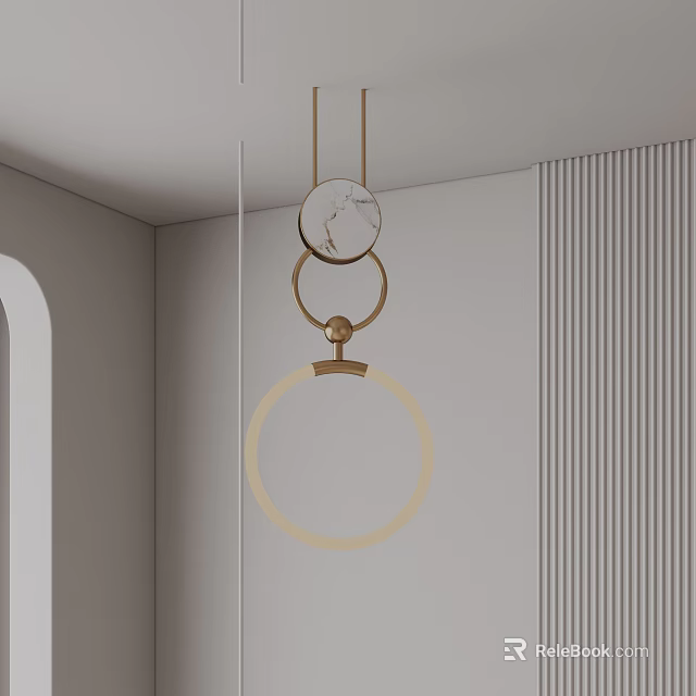 Minimalist Modern Chandelier with Gold Circular Rings and Marble Accents in Interior Design 3d model 