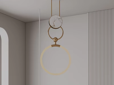 Minimalist Modern Chandelier with Gold Circular Rings and Marble Accents in Interior Design 3d model