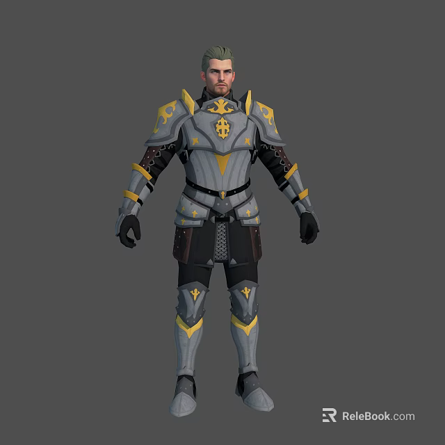 Tall Male Warrior In Gray And Yellow Armor With Golden Decorative Patterns 3d model 
