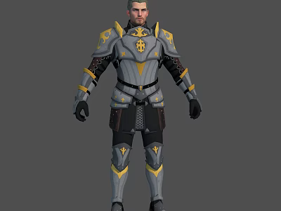 Tall Male Warrior In Gray And Yellow Armor With Golden Decorative Patterns 3d model