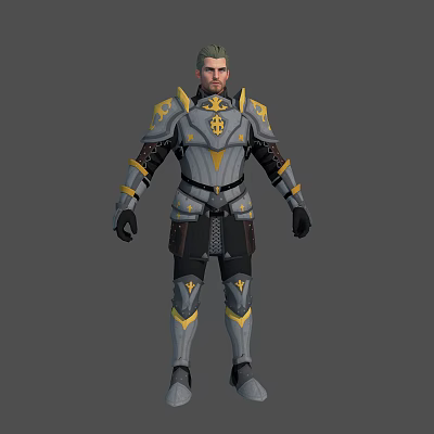 Tall Male Warrior In Gray And Yellow Armor With Golden Decorative Patterns 3d model