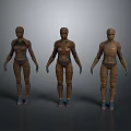 Three Humanoid Creature Characters Standing Side By Side With Textured Suits And Blue Gloves 3d model