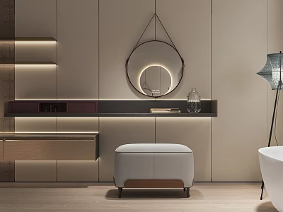 Modern Elegant Dressing Table With Circular Mirror Stool Countertop And Ambient Lighting 3d model