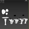 White Toilets In Modern Bathroom With Pedestal Sink Decorative Mirrors And Gray Tiled Floor