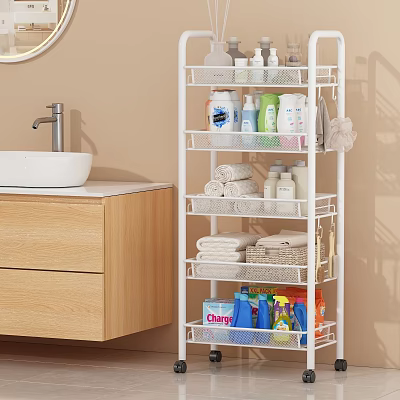 White Bathroom Storage Shelf with Toiletries Rolled Towels and Cleaning Supplies 3d model