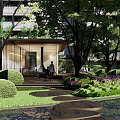 Residential Landscape Design With Lush Trees Water Feature Modern Building And Sculpture