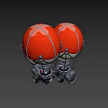 Red and White Hot Air Balloons With Metal Frames And Suspended Equipment Against Black Background