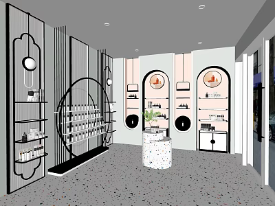 Modern Boutique Interior Design With Display Shelves Round Table And Beauty Products 3d model