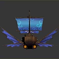 Detailed Pirate Ship Model Featuring Blue Wings Red Flags And Skull Symbol