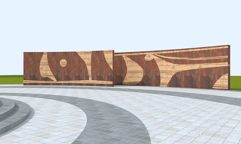 Modern Feature Wall Design With Wooden Texture And Curved Patterns In Outdoor Plaza 3d model 