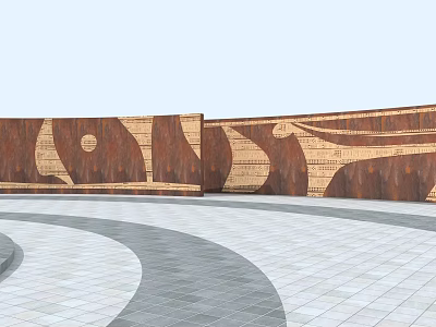 Modern Feature Wall Design With Wooden Texture And Curved Patterns In Outdoor Plaza 3d model