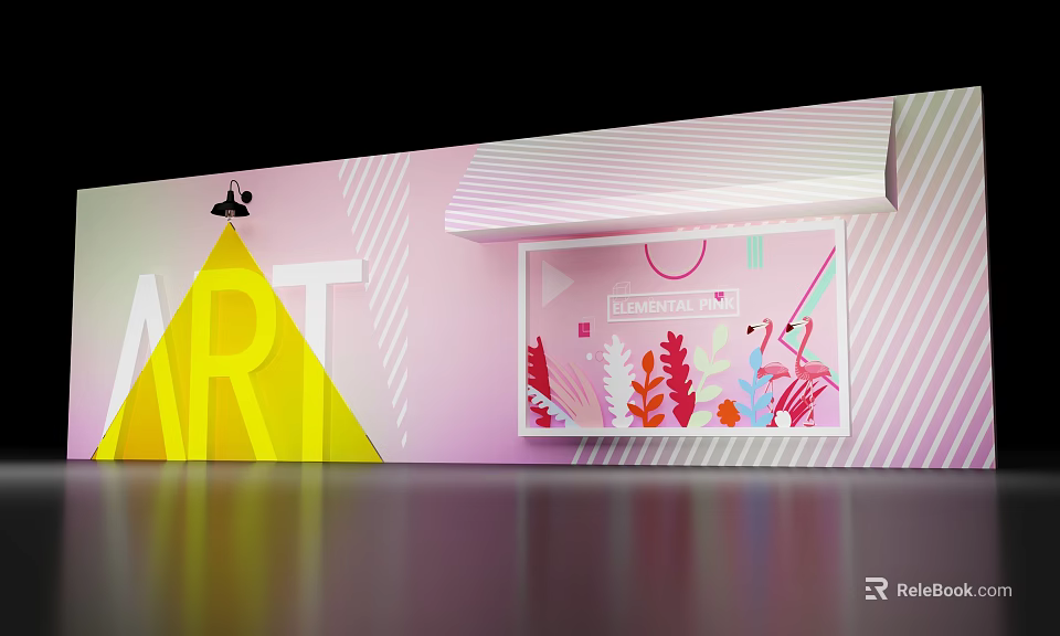 Modern Display Shelf With Pink Striped Background And Floral Flamingo Artwork 3d model 