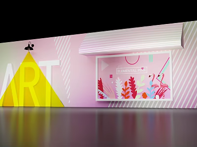 Modern Display Shelf With Pink Striped Background And Floral Flamingo Artwork 3d model