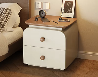 Bedside Table With Two Drawers Brown Top Alarm Clock Mobile Phone And Photo Frame 3d model