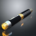 Sleek Black And Gold Energy Weapon With Metallic Finish And Decorative Details
