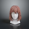 Red Wig With Medium Length Hair And Bangs On White Head Mannequin For Character