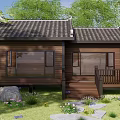 Detached Villa With Wooden Exterior Black Tile Roof Chinese Eaves Deck Steps Green Lawn