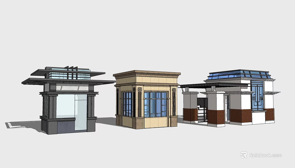 Three Small Architectural Structures With Diverse Roof Designs And Exterior Materials 3d model 